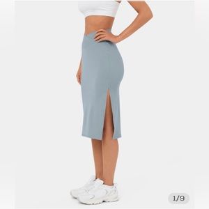 Halara Blue Gray Ribbed Knit Crossover Side Split Bodycon Midi Skirt M NWT
